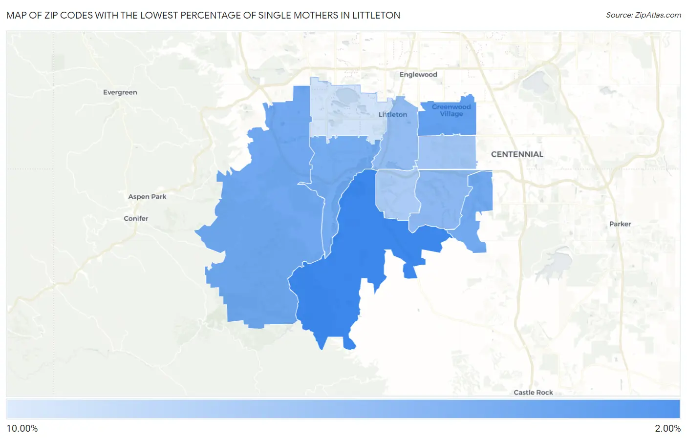 Zip Codes with the Lowest Percentage of Single Mothers in Littleton Map