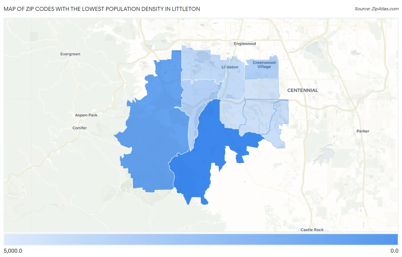 Zip Codes with the Lowest Population Density in Littleton Map