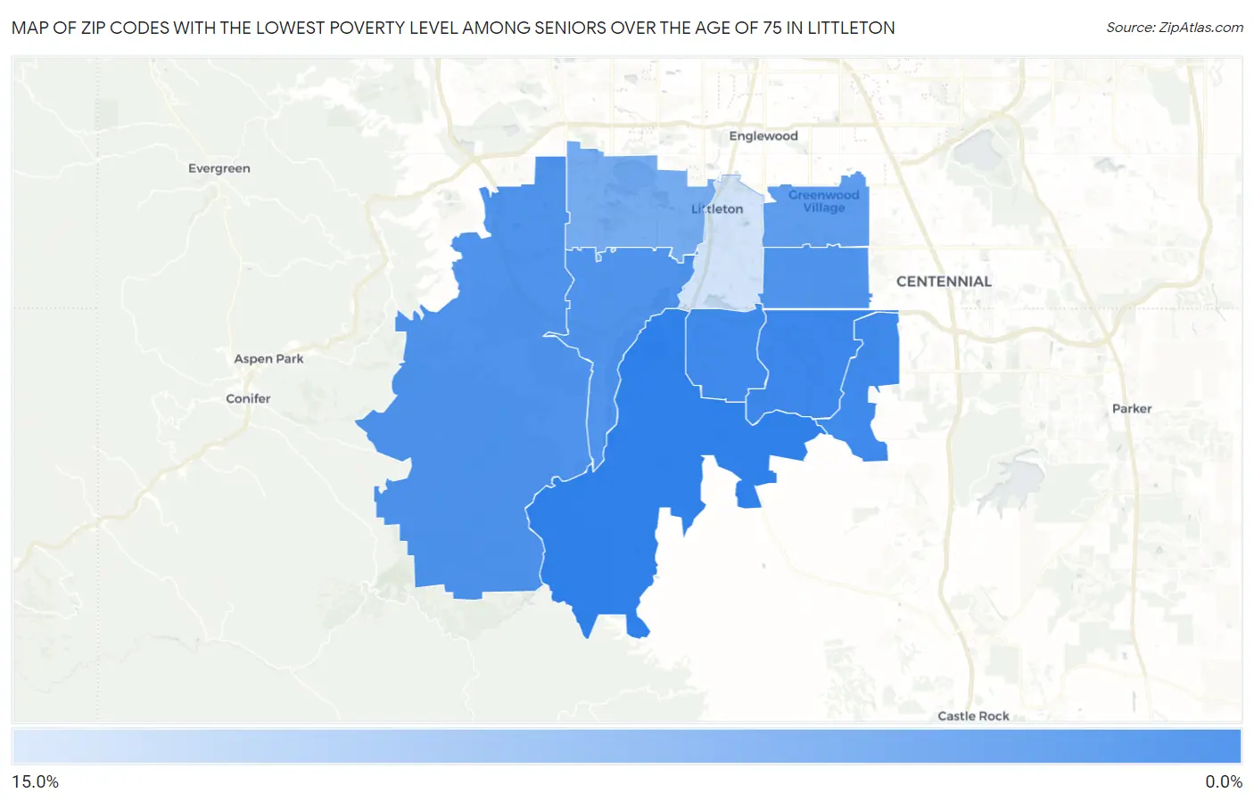 Zip Codes with the Lowest Poverty Level Among Seniors Over the Age of 75 in Littleton Map