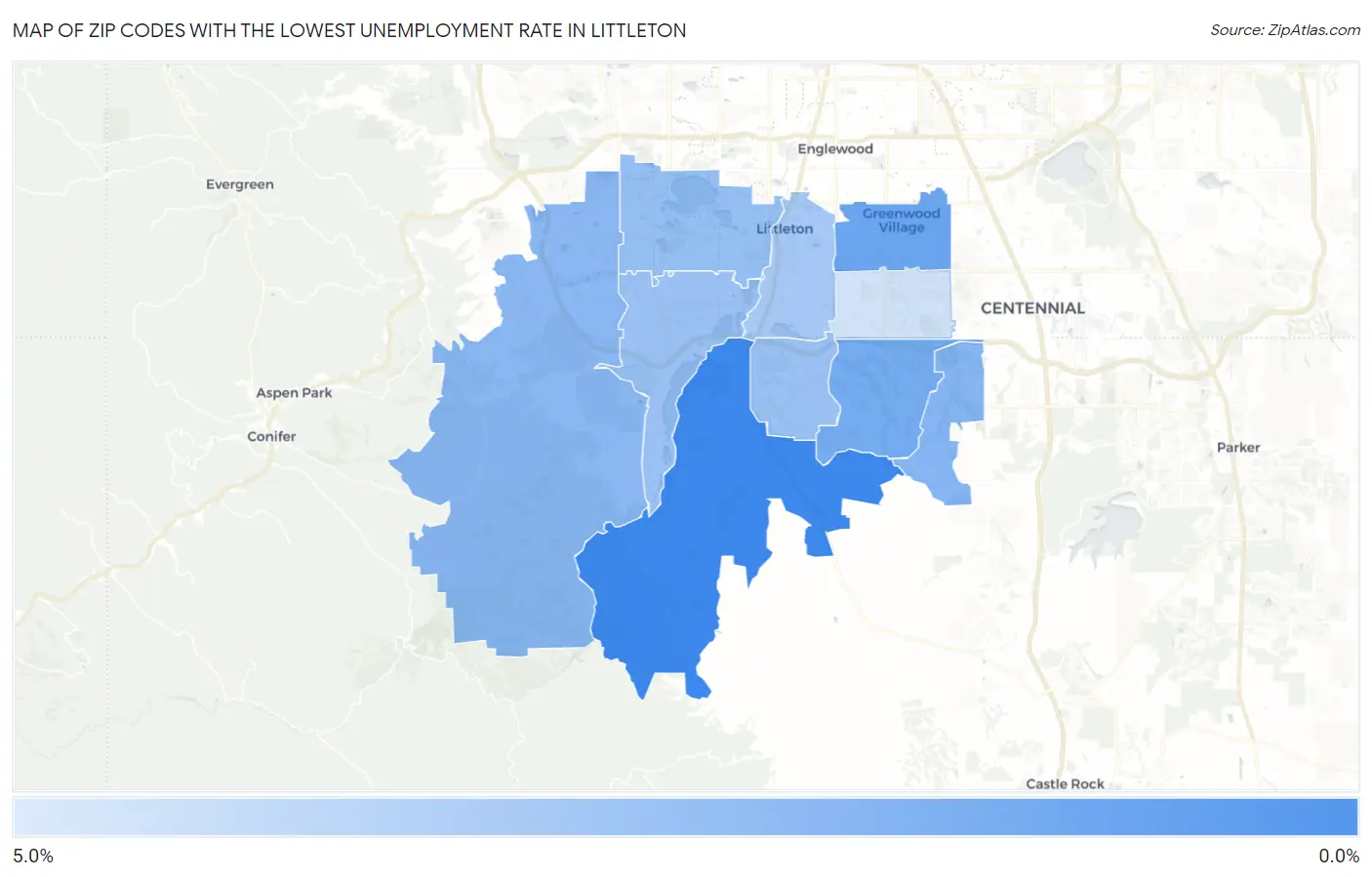 Zip Codes with the Lowest Unemployment Rate in Littleton Map