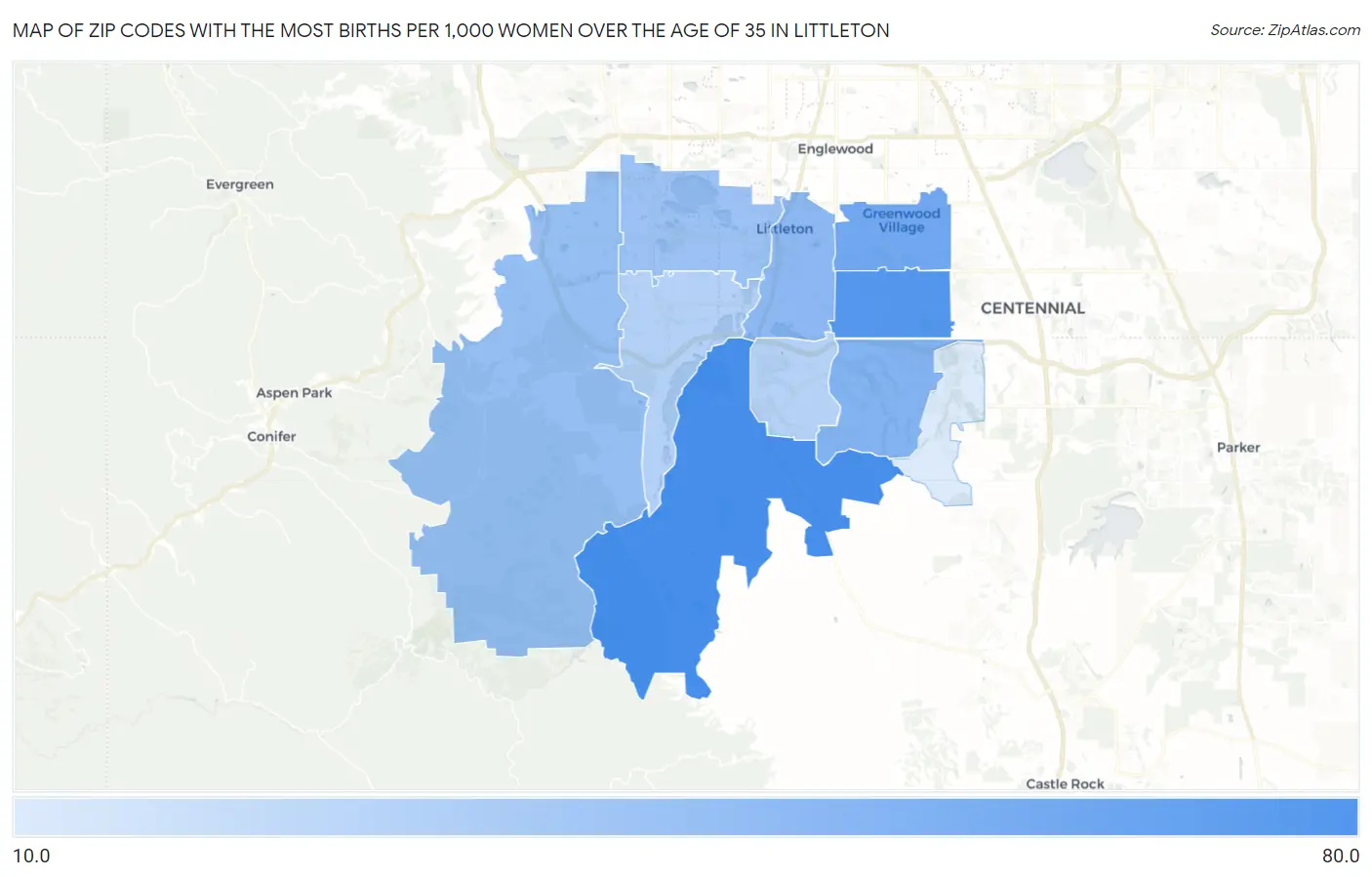 Zip Codes with the Most Births per 1,000 Women Over the Age of 35 in Littleton Map