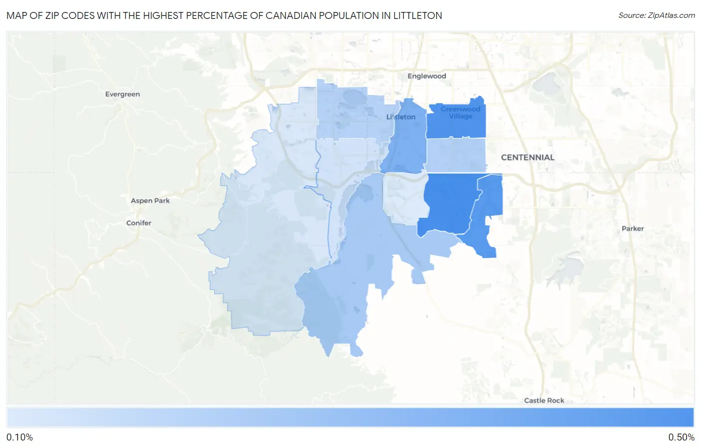 Zip Codes with the Highest Percentage of Canadian Population in Littleton Map