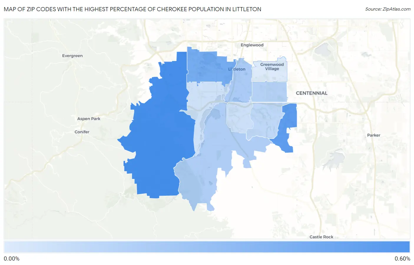 Zip Codes with the Highest Percentage of Cherokee Population in Littleton Map