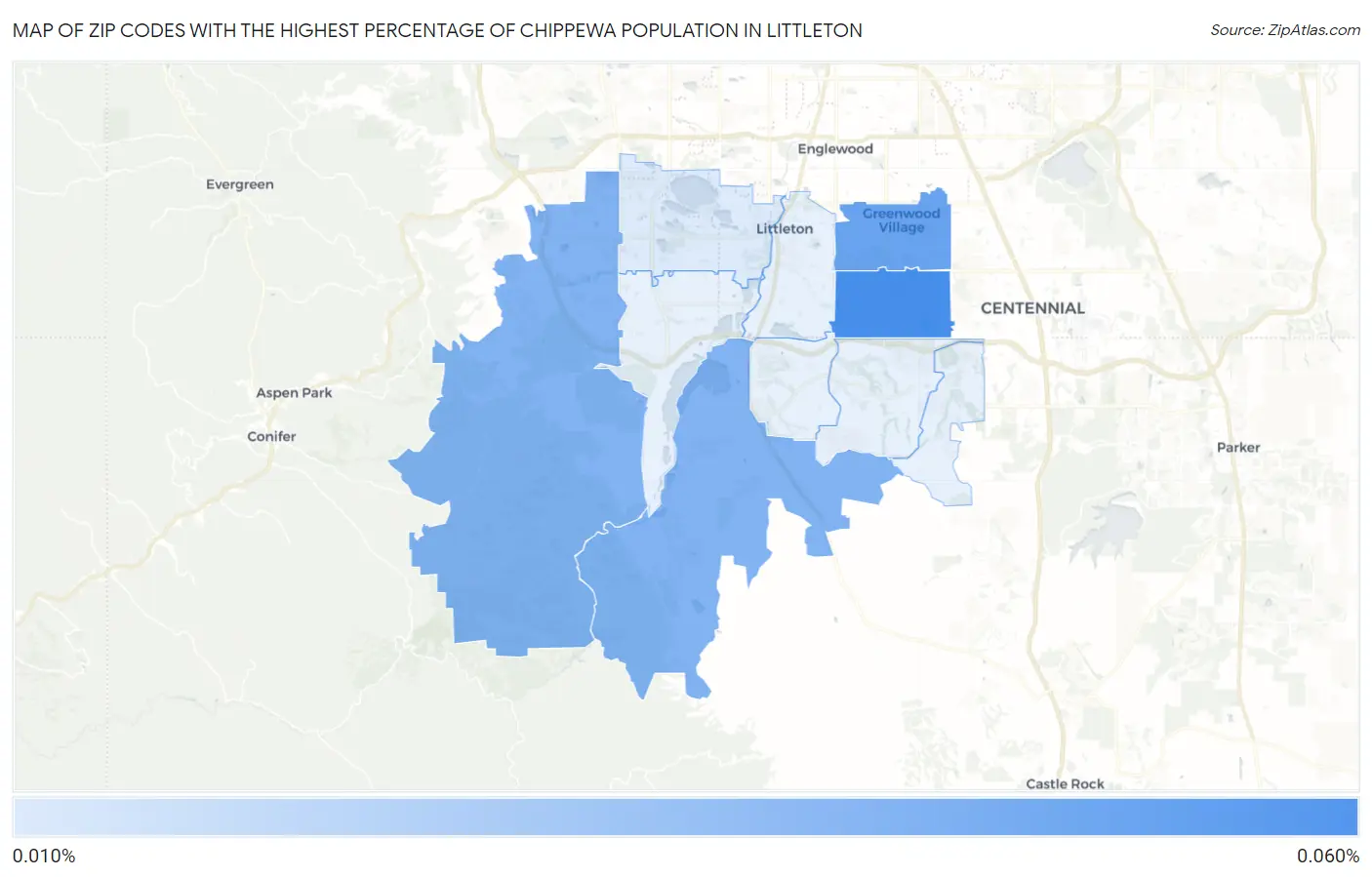 Zip Codes with the Highest Percentage of Chippewa Population in Littleton Map
