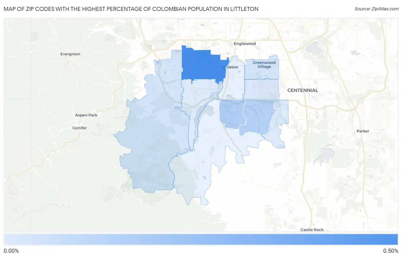 Zip Codes with the Highest Percentage of Colombian Population in Littleton Map