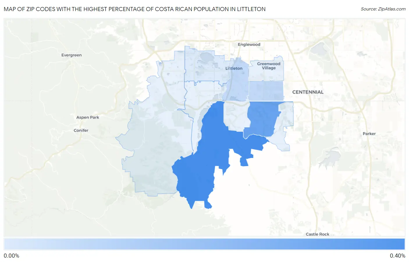Zip Codes with the Highest Percentage of Costa Rican Population in Littleton Map