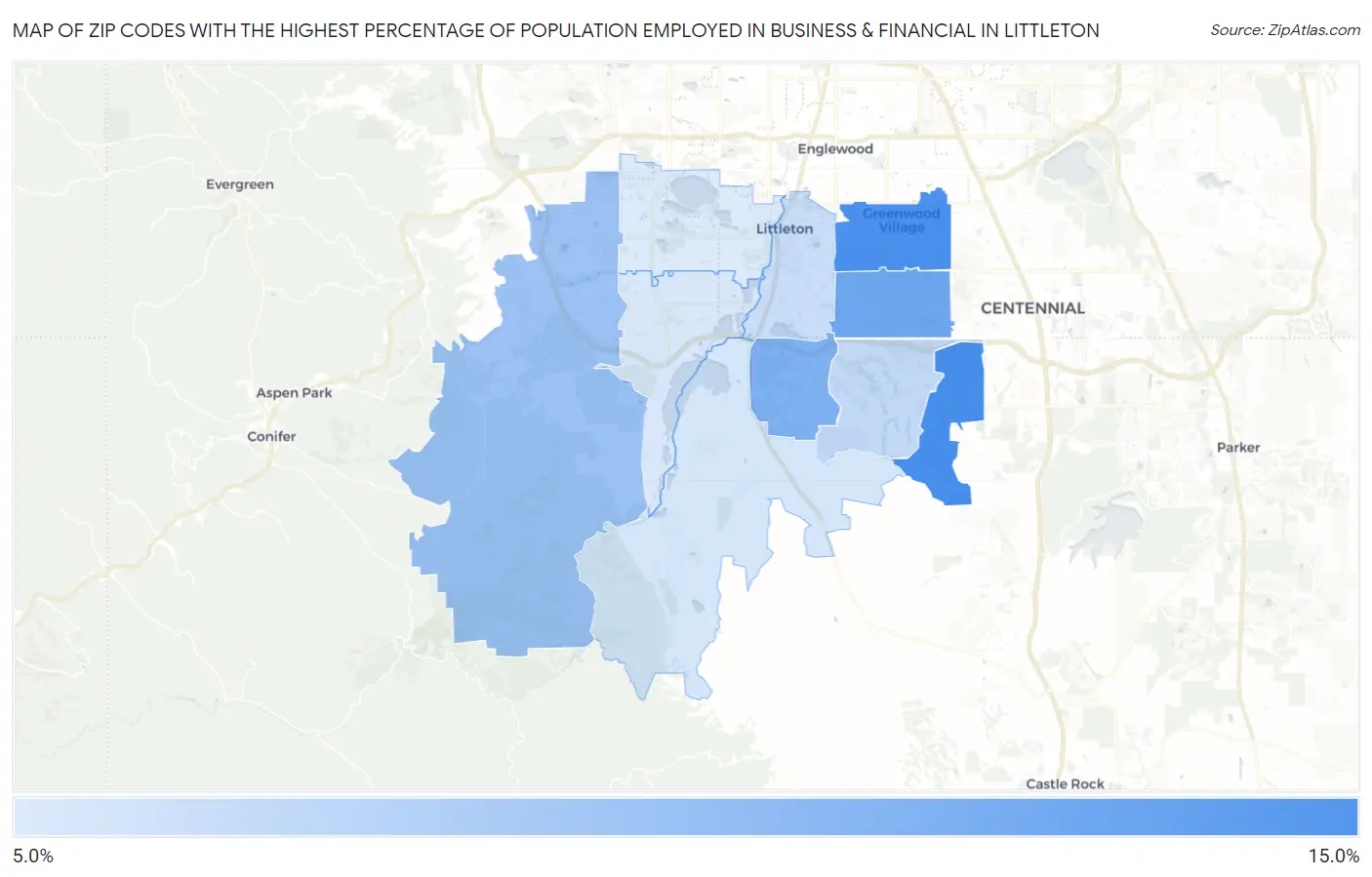 Zip Codes with the Highest Percentage of Population Employed in Business & Financial in Littleton Map