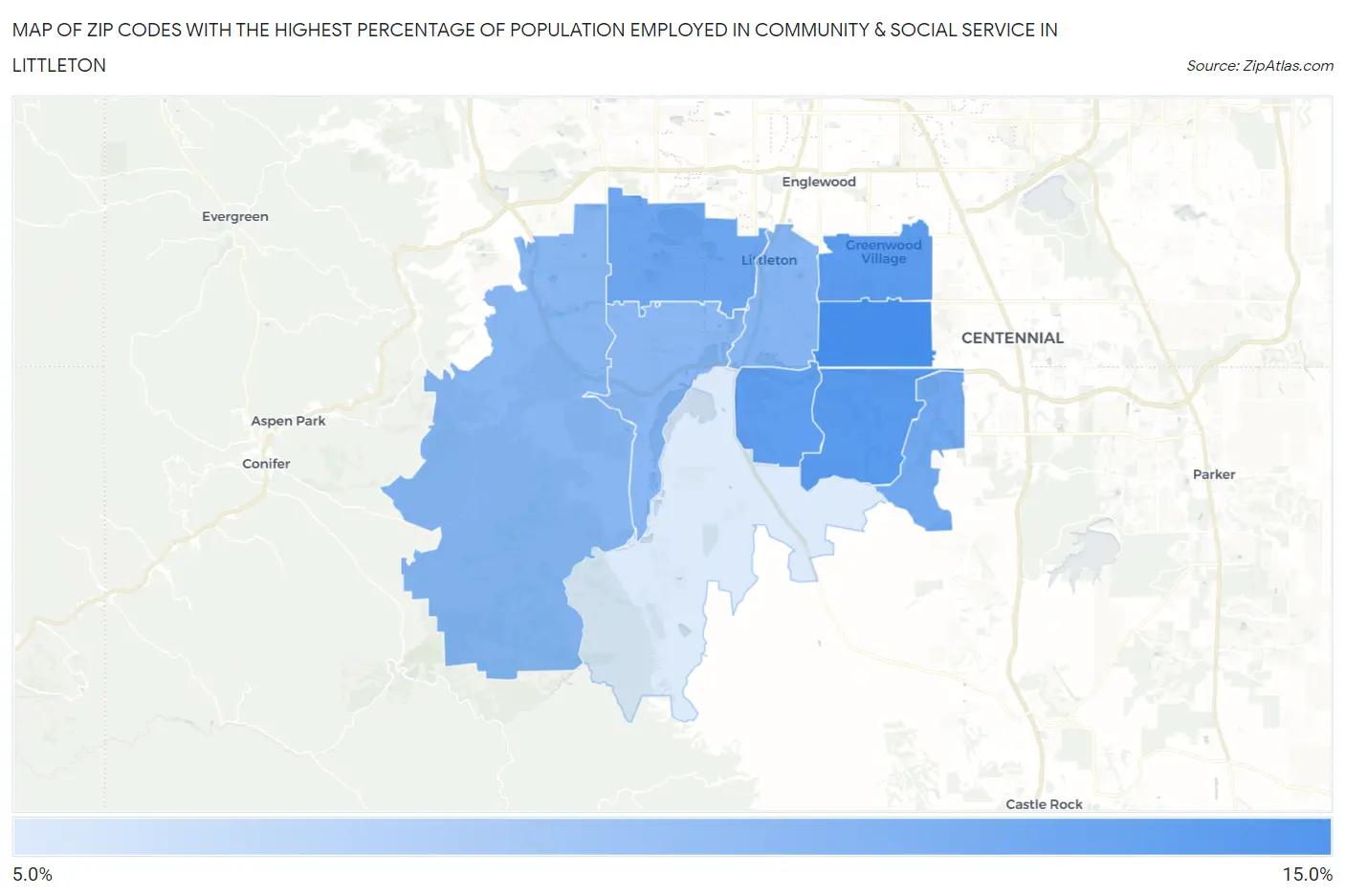 Zip Codes with the Highest Percentage of Population Employed in Community & Social Service  in Littleton Map