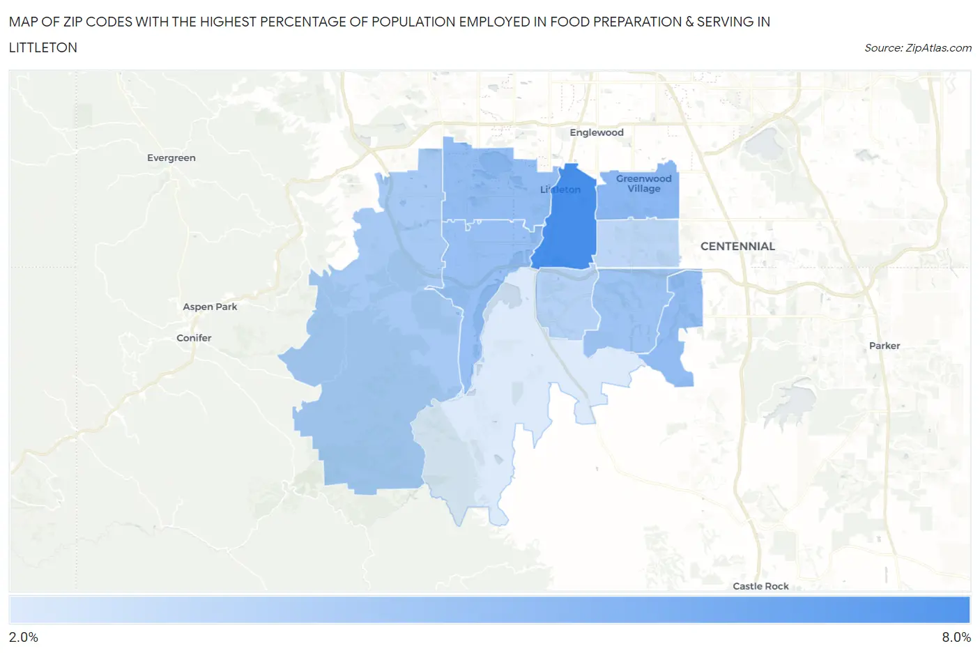 Zip Codes with the Highest Percentage of Population Employed in Food Preparation & Serving in Littleton Map