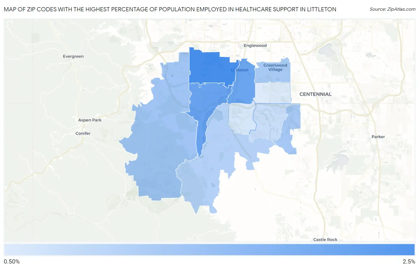 Zip Codes with the Highest Percentage of Population Employed in Healthcare Support in Littleton Map