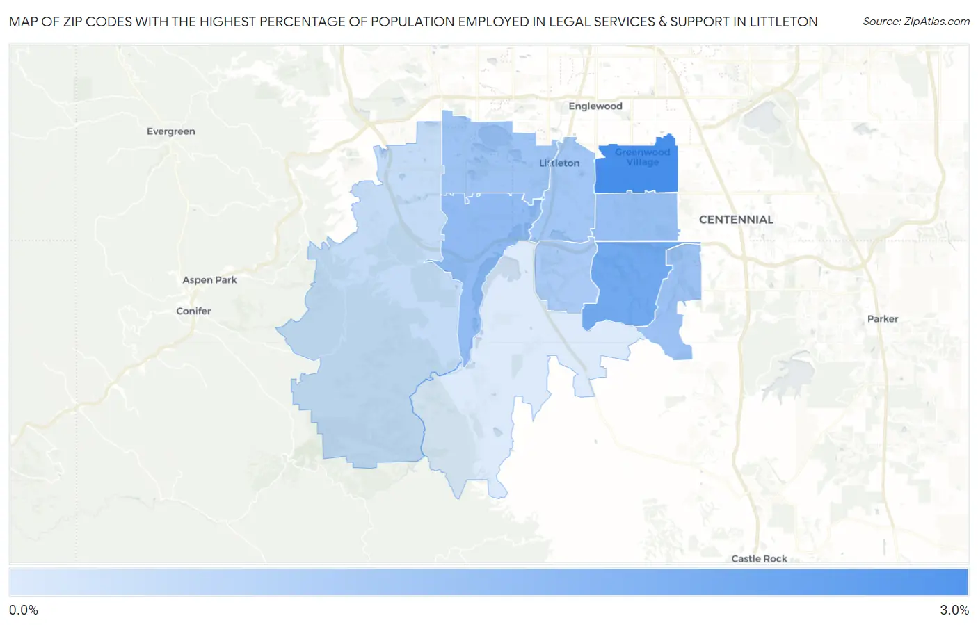 Zip Codes with the Highest Percentage of Population Employed in Legal Services & Support in Littleton Map