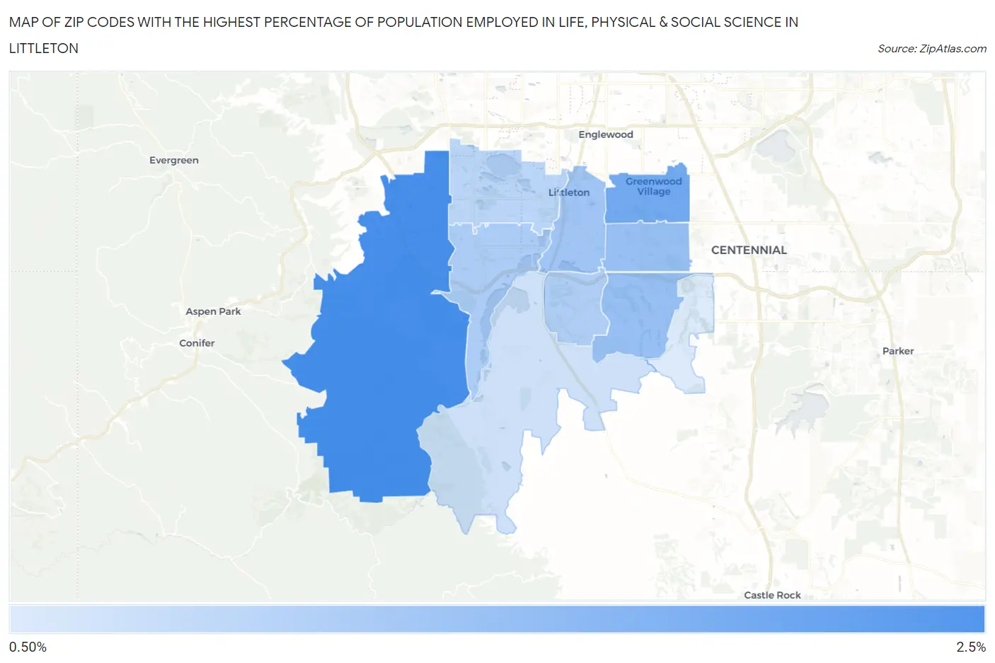 Zip Codes with the Highest Percentage of Population Employed in Life, Physical & Social Science in Littleton Map