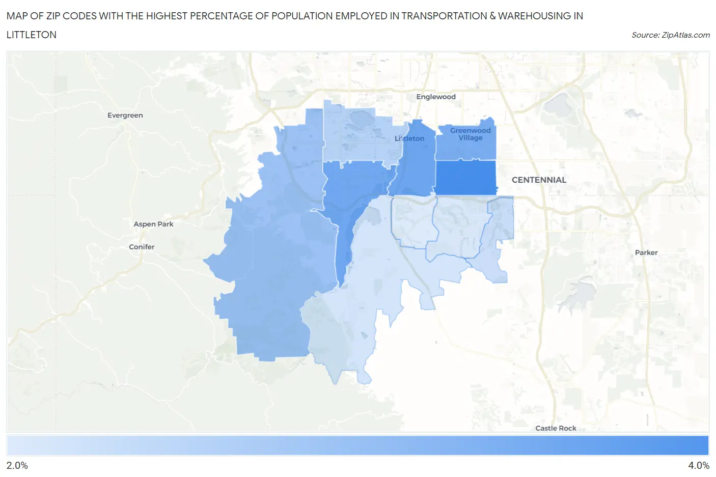 Zip Codes with the Highest Percentage of Population Employed in Transportation & Warehousing in Littleton Map