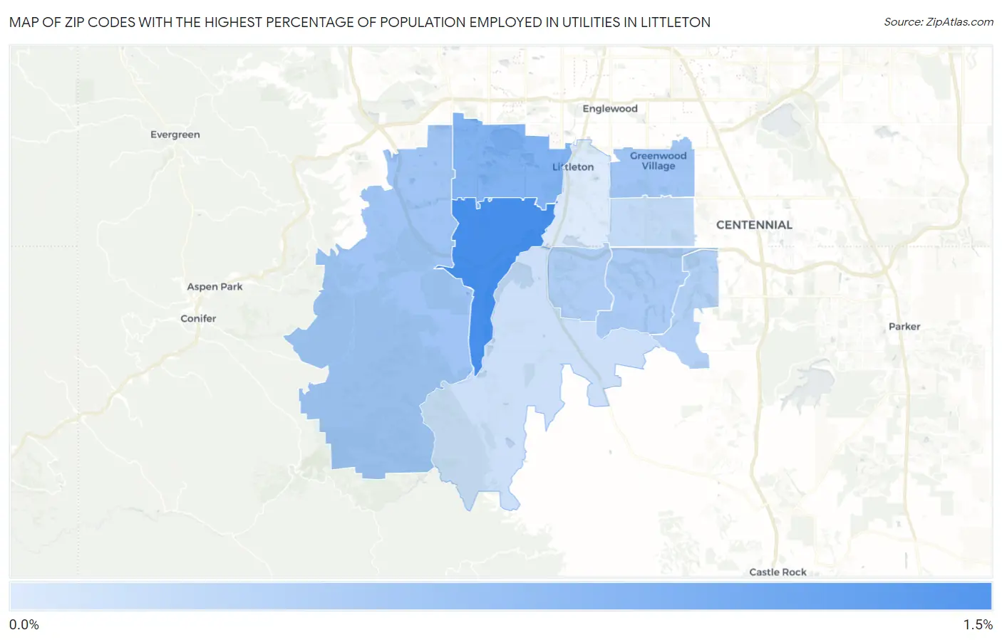 Zip Codes with the Highest Percentage of Population Employed in Utilities in Littleton Map
