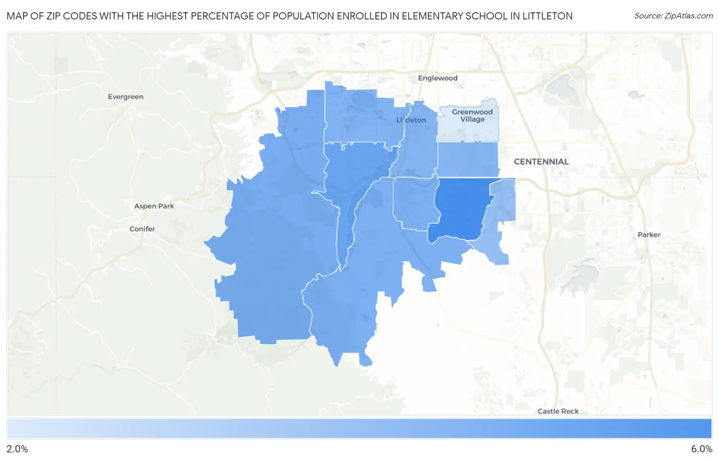 Zip Codes with the Highest Percentage of Population Enrolled in Elementary School in Littleton Map
