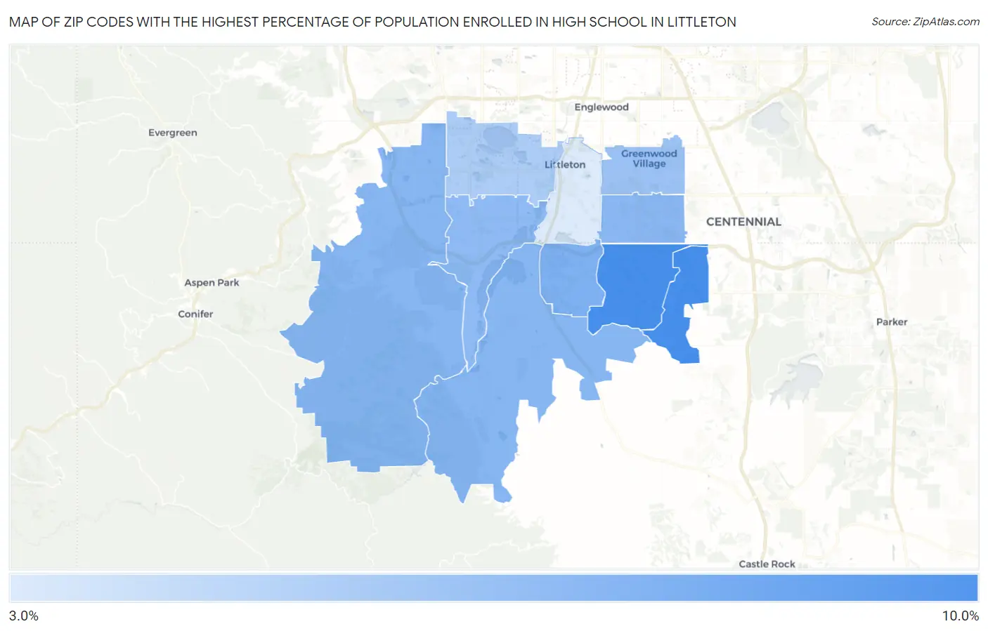 Zip Codes with the Highest Percentage of Population Enrolled in High School in Littleton Map