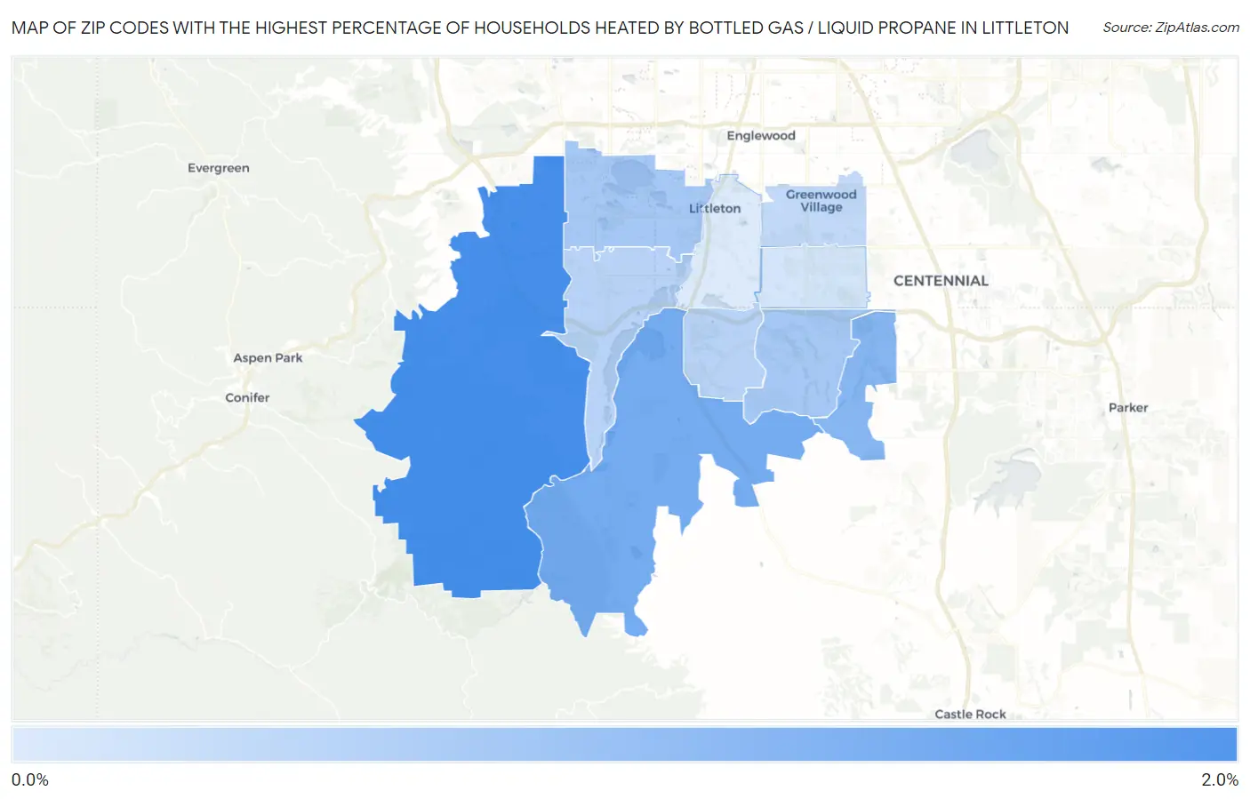 Zip Codes with the Highest Percentage of Households Heated by Bottled Gas / Liquid Propane in Littleton Map