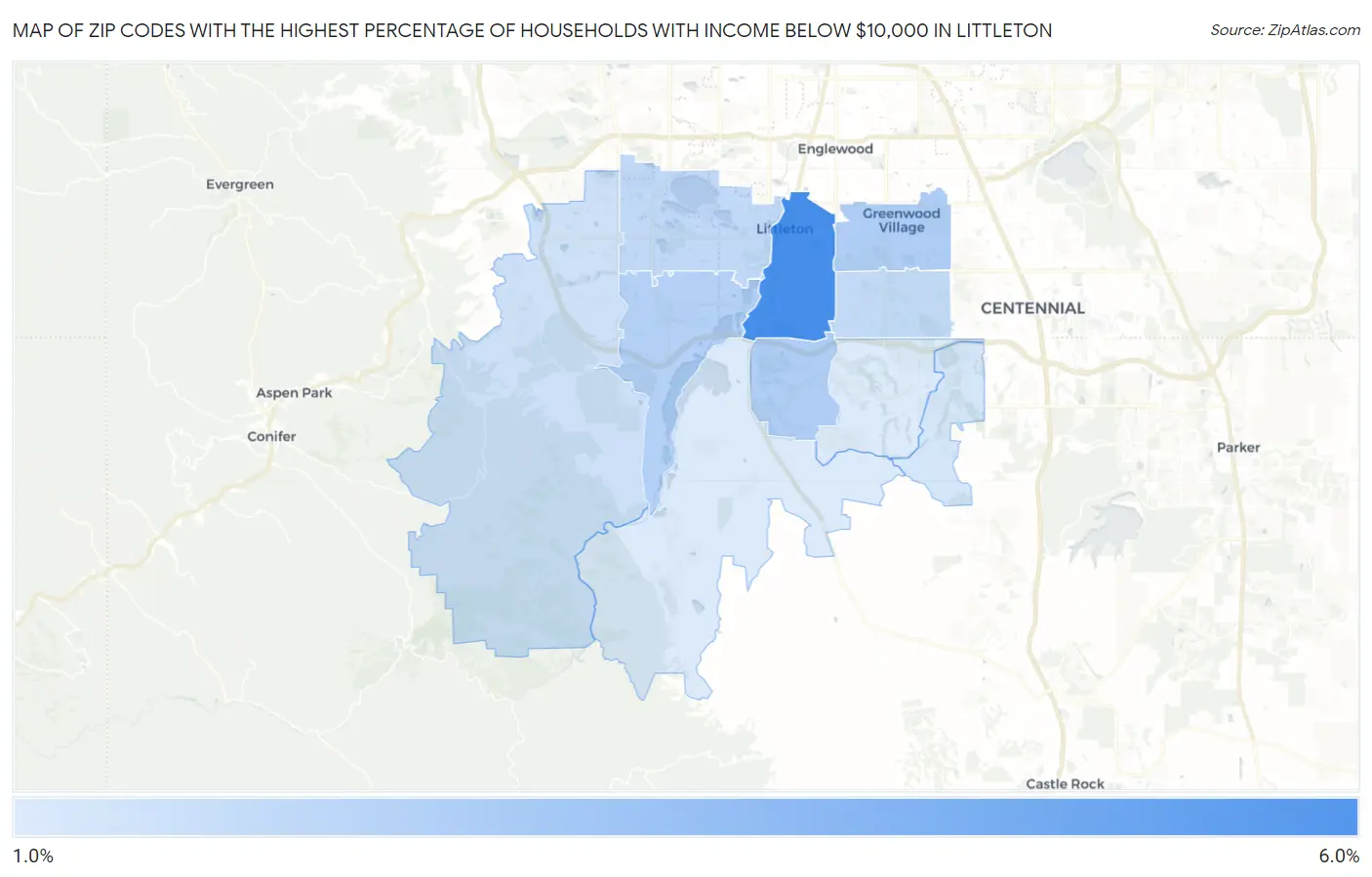 Zip Codes with the Highest Percentage of Households with Income Below $10,000 in Littleton Map