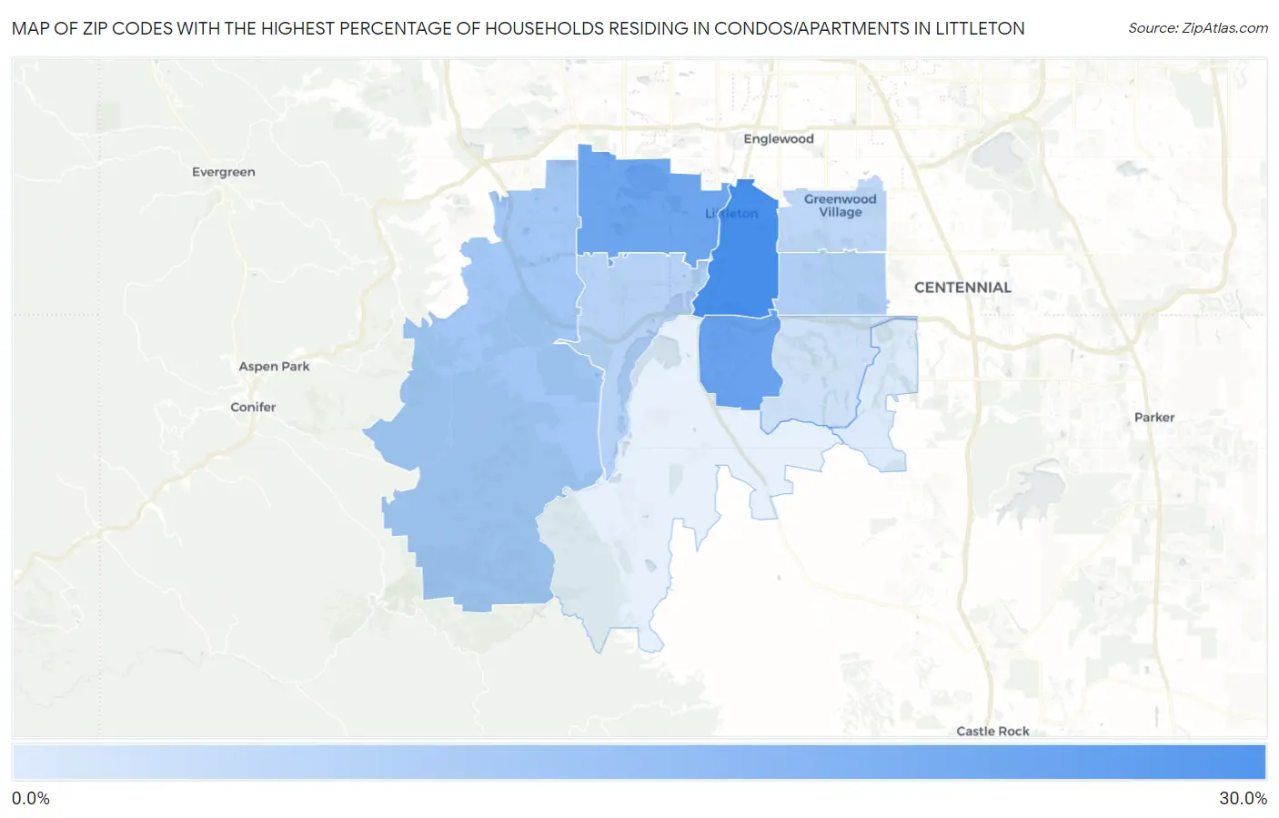 Zip Codes with the Highest Percentage of Households Residing in Condos/Apartments in Littleton Map