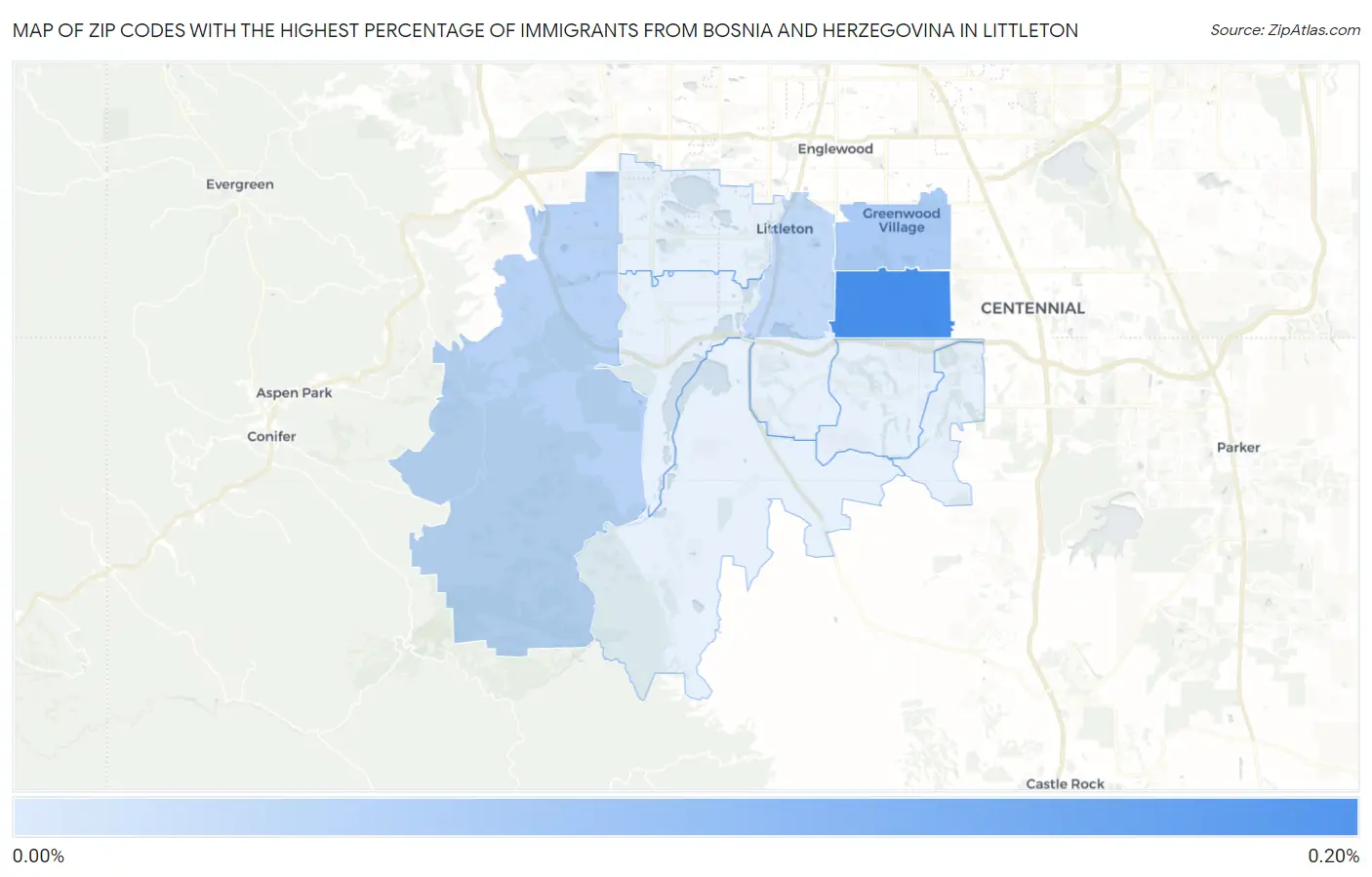 Zip Codes with the Highest Percentage of Immigrants from Bosnia and Herzegovina in Littleton Map
