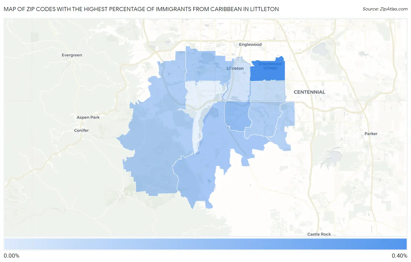Zip Codes with the Highest Percentage of Immigrants from Caribbean in Littleton Map