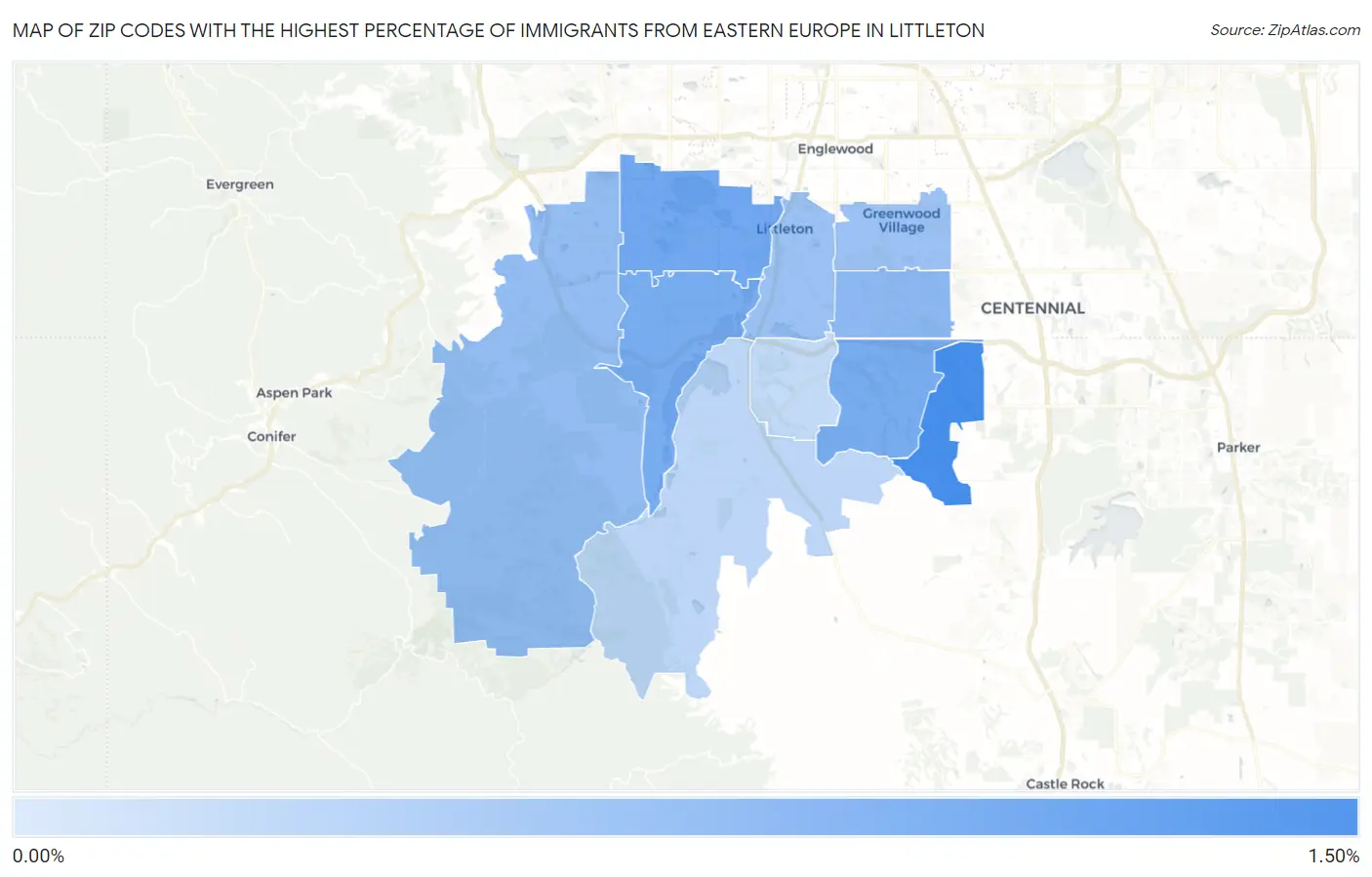 Zip Codes with the Highest Percentage of Immigrants from Eastern Europe in Littleton Map