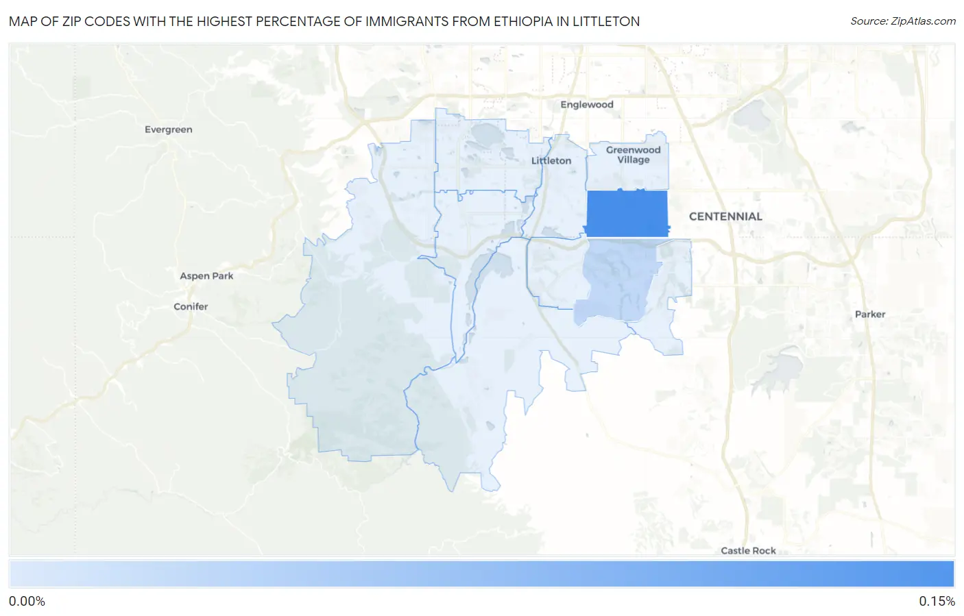 Zip Codes with the Highest Percentage of Immigrants from Ethiopia in Littleton Map