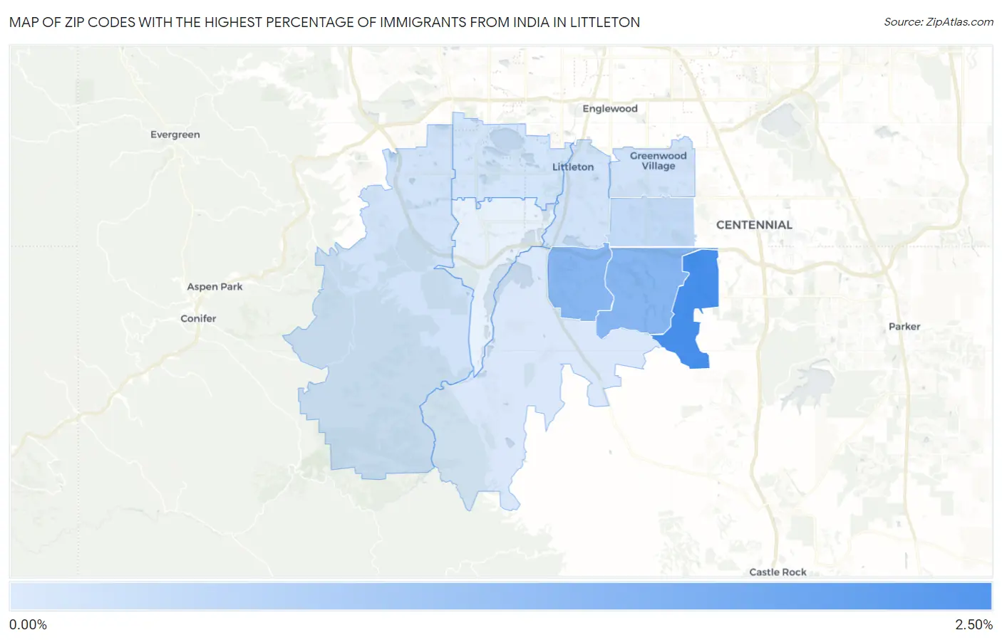 Zip Codes with the Highest Percentage of Immigrants from India in Littleton Map