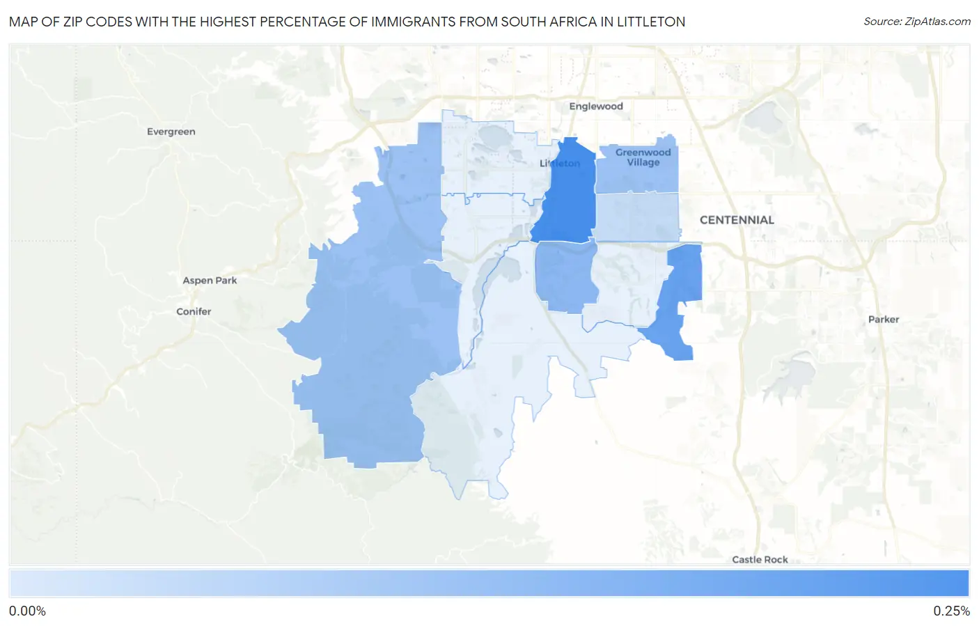 Zip Codes with the Highest Percentage of Immigrants from South Africa in Littleton Map