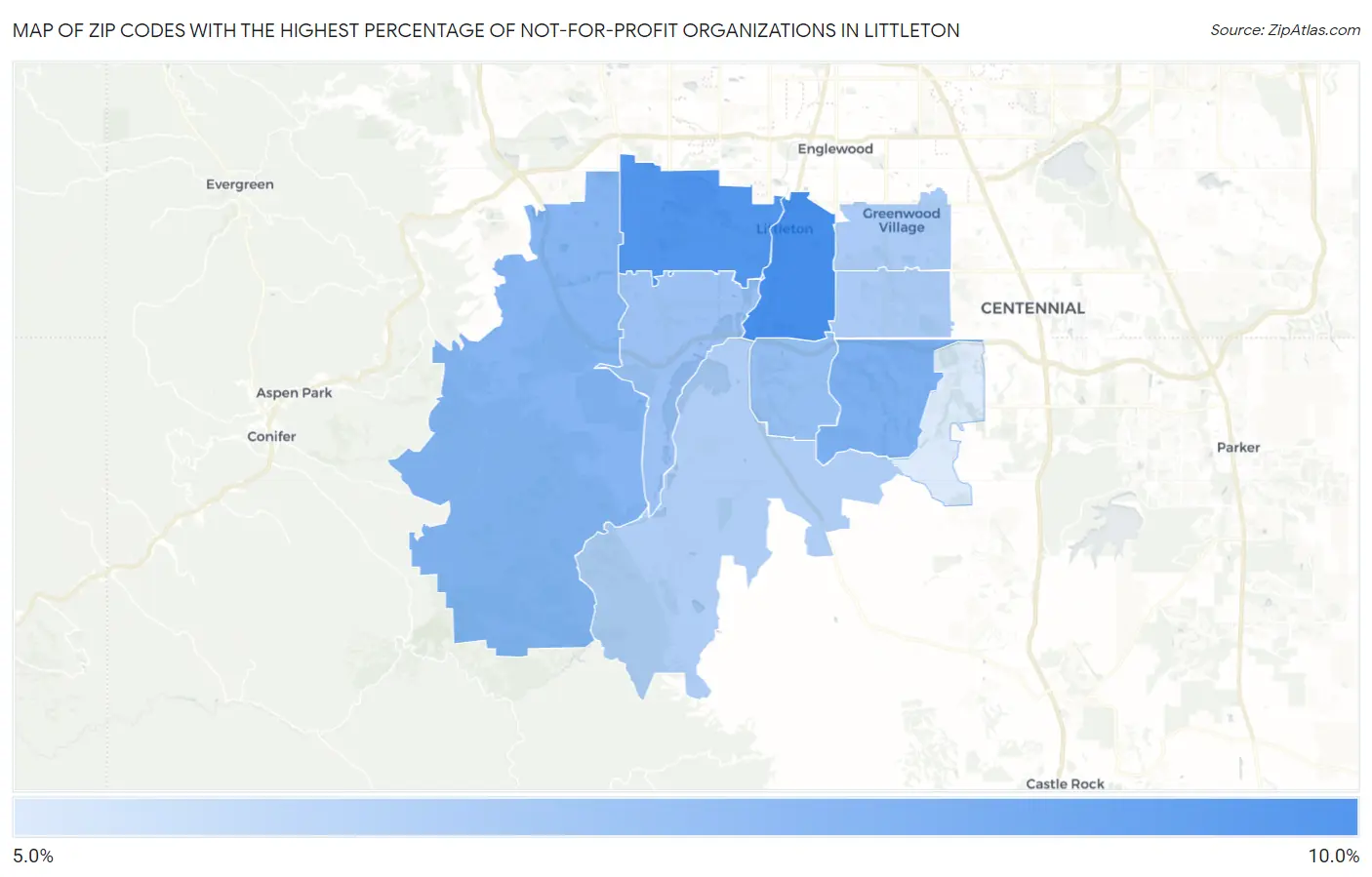 Zip Codes with the Highest Percentage of Not-for-profit Organizations in Littleton Map