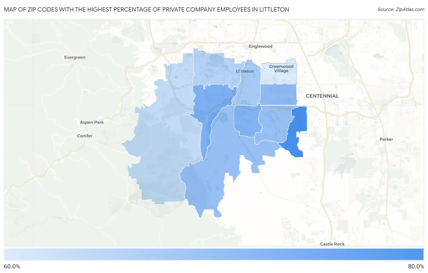 Zip Codes with the Highest Percentage of Private Company Employees in Littleton Map