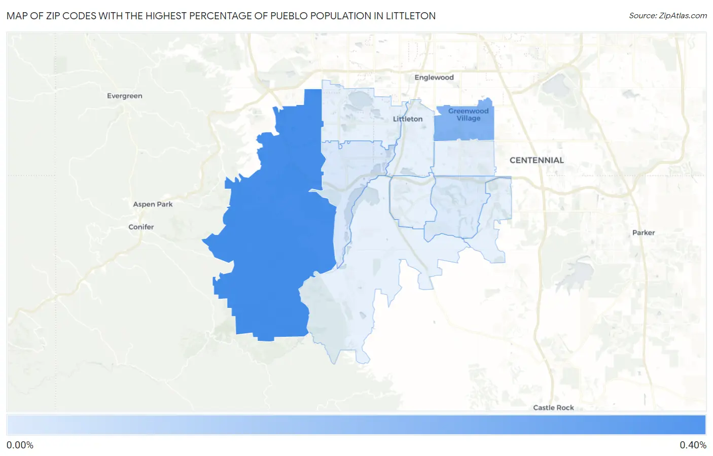 Zip Codes with the Highest Percentage of Pueblo Population in Littleton Map