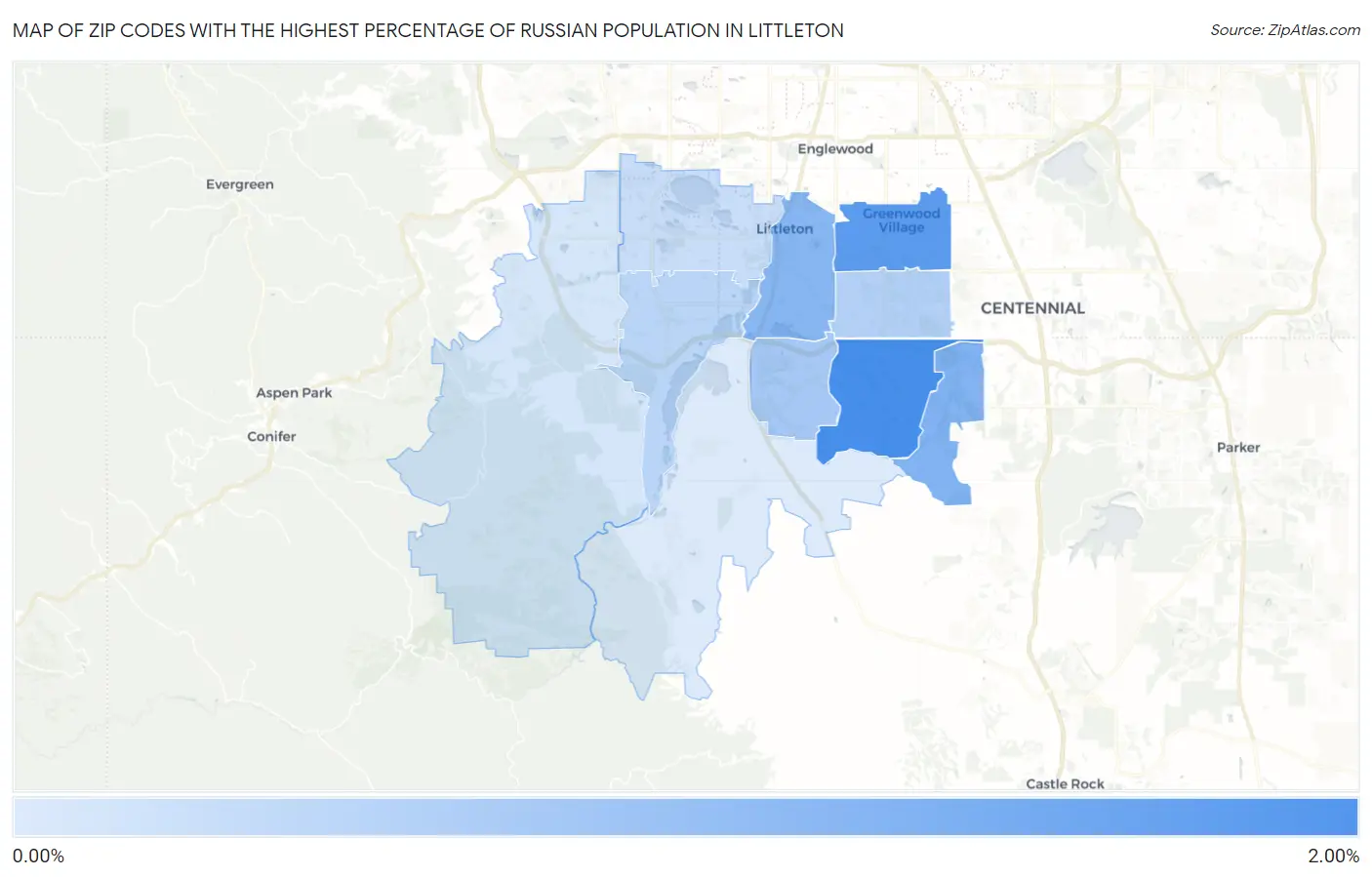 Zip Codes with the Highest Percentage of Russian Population in Littleton Map