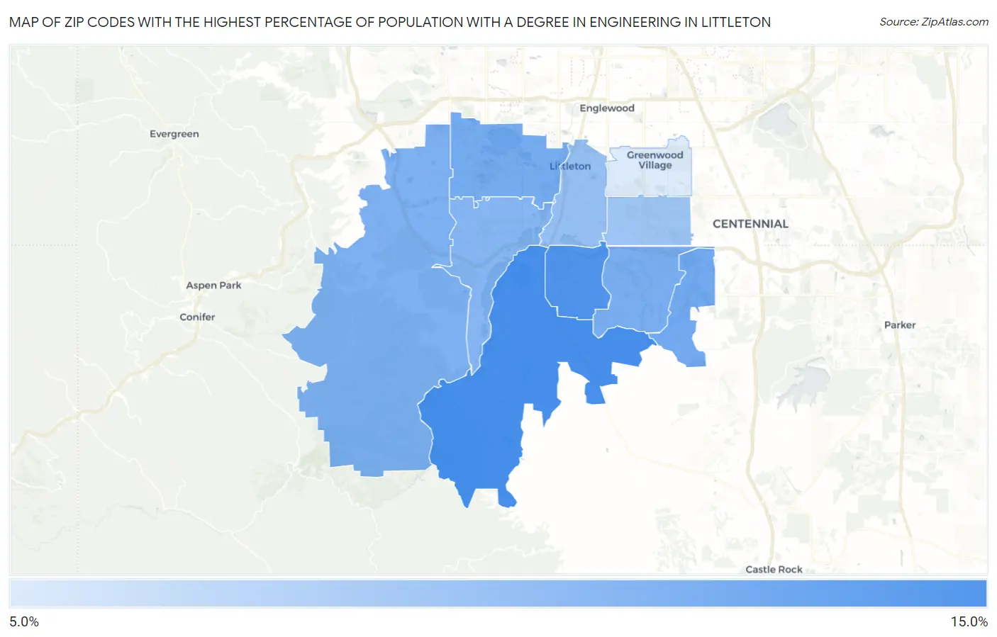 Zip Codes with the Highest Percentage of Population with a Degree in Engineering in Littleton Map