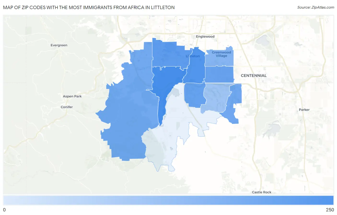 Zip Codes with the Most Immigrants from Africa in Littleton Map