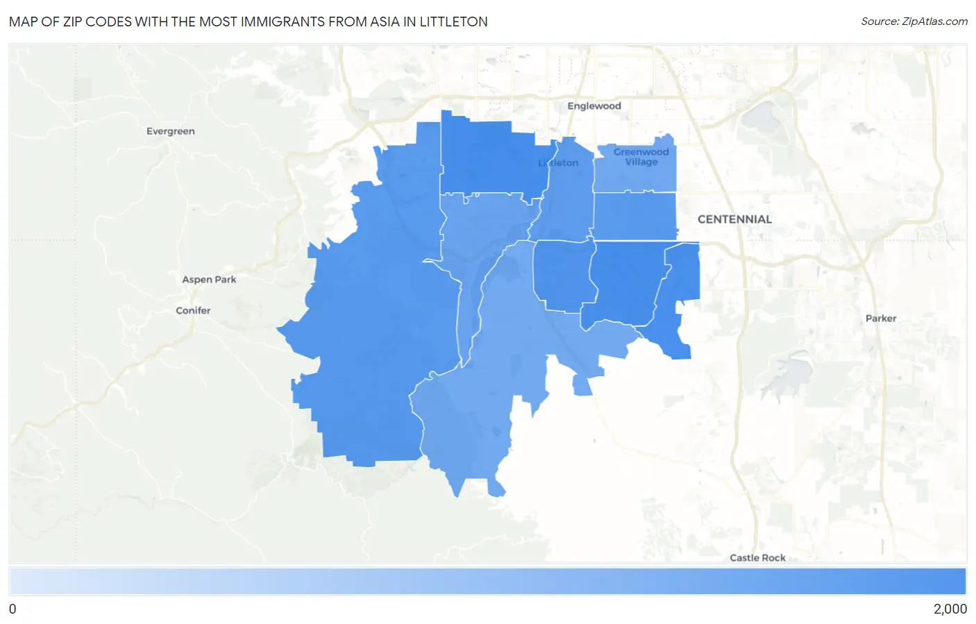 Zip Codes with the Most Immigrants from Asia in Littleton Map