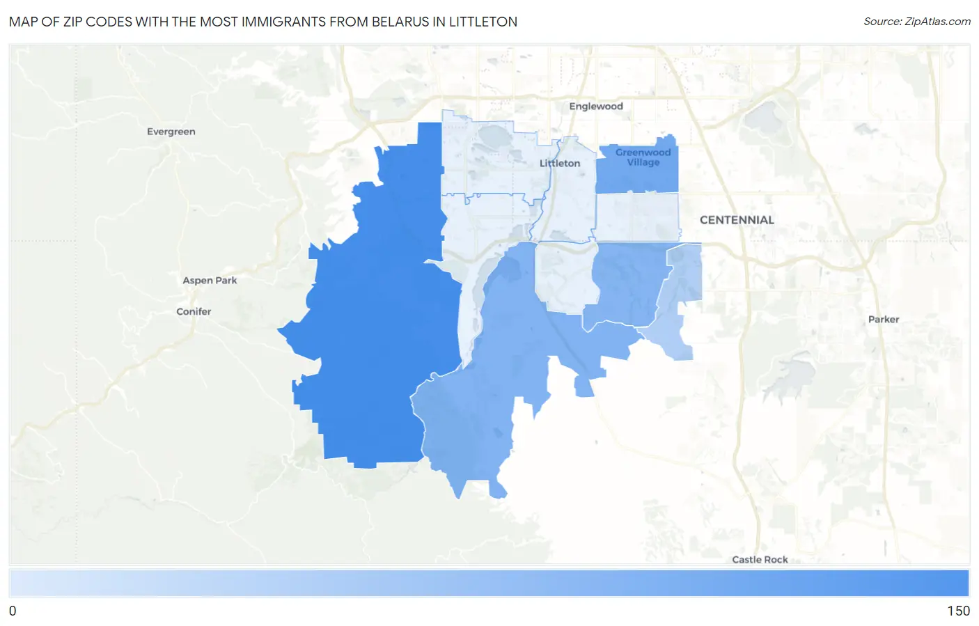 Zip Codes with the Most Immigrants from Belarus in Littleton Map