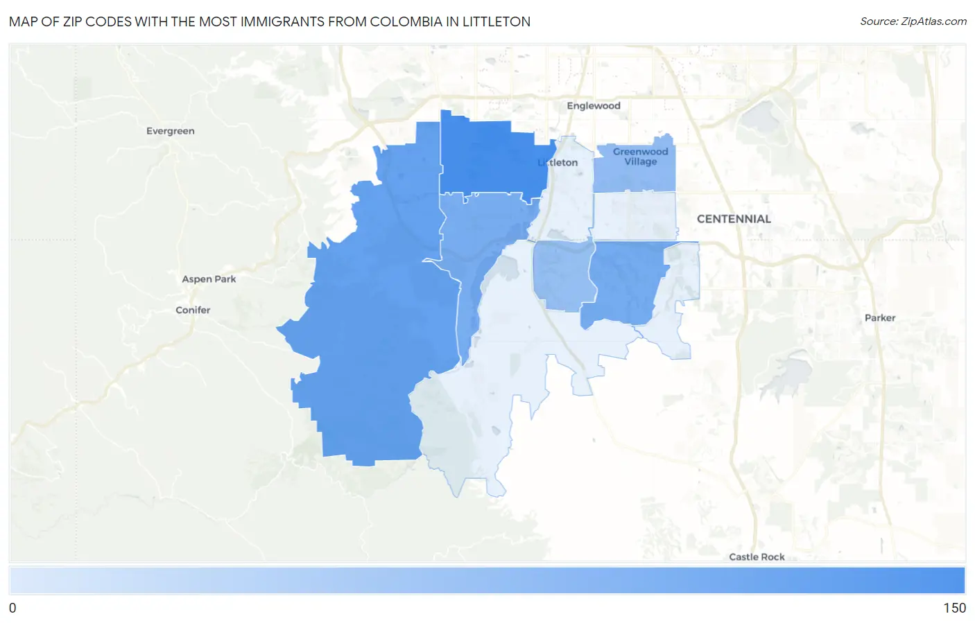 Zip Codes with the Most Immigrants from Colombia in Littleton Map