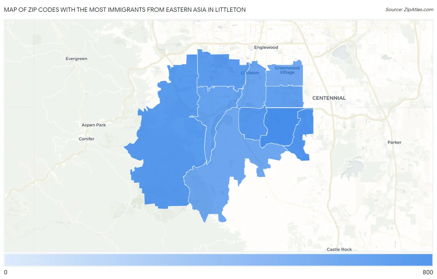Zip Codes with the Most Immigrants from Eastern Asia in Littleton Map