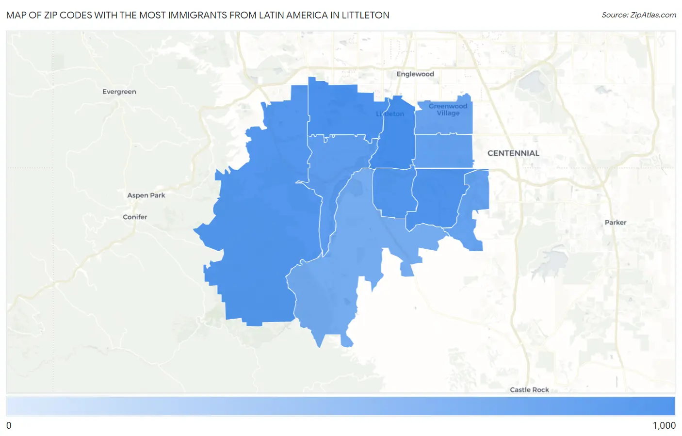 Zip Codes with the Most Immigrants from Latin America in Littleton Map