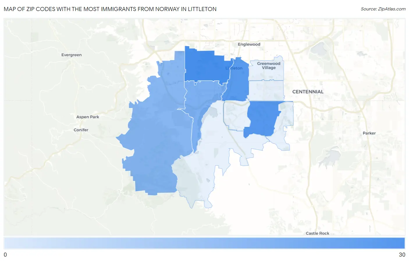 Zip Codes with the Most Immigrants from Norway in Littleton Map