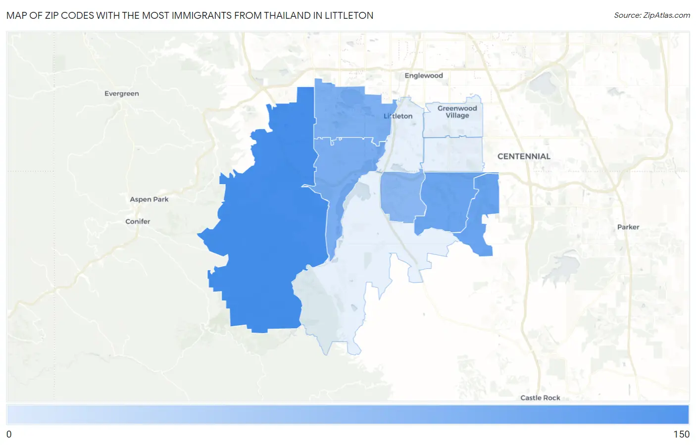 Zip Codes with the Most Immigrants from Thailand in Littleton Map