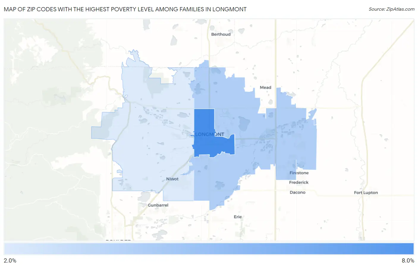 Zip Codes with the Highest Poverty Level Among Families in Longmont Map