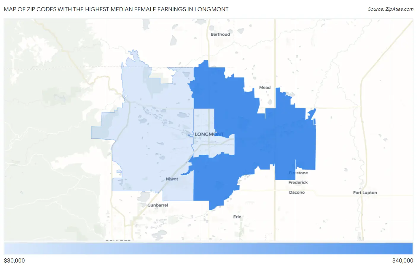Zip Codes with the Highest Median Female Earnings in Longmont Map