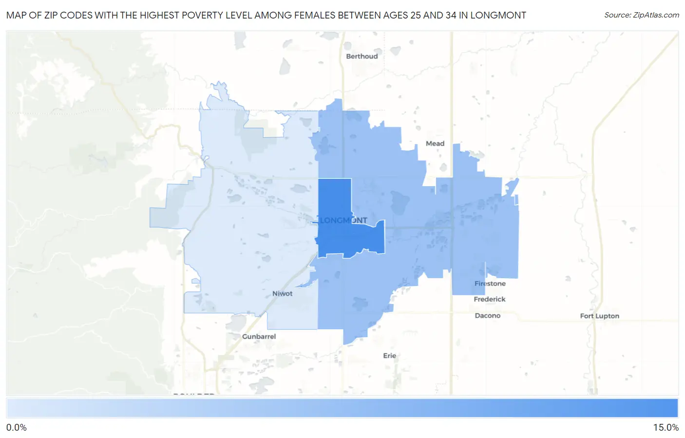Zip Codes with the Highest Poverty Level Among Females Between Ages 25 and 34 in Longmont Map