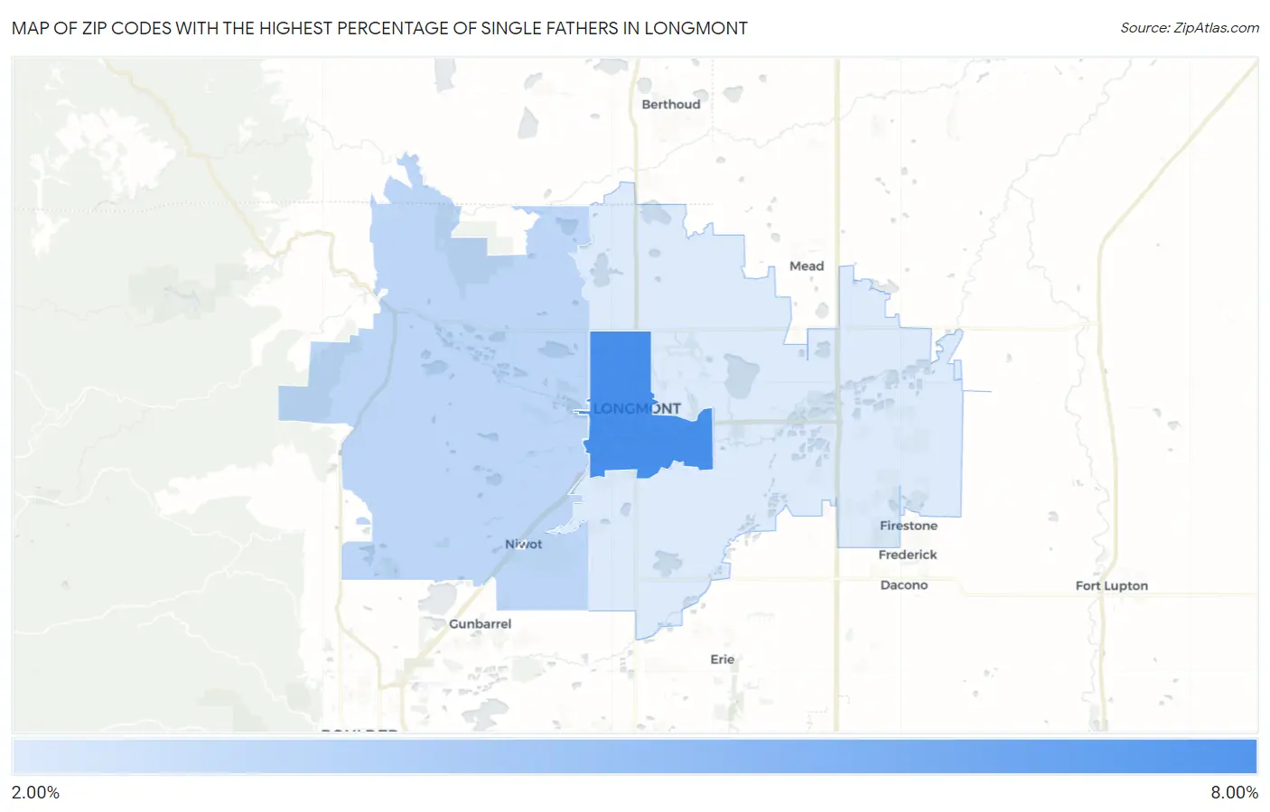 Zip Codes with the Highest Percentage of Single Fathers in Longmont Map