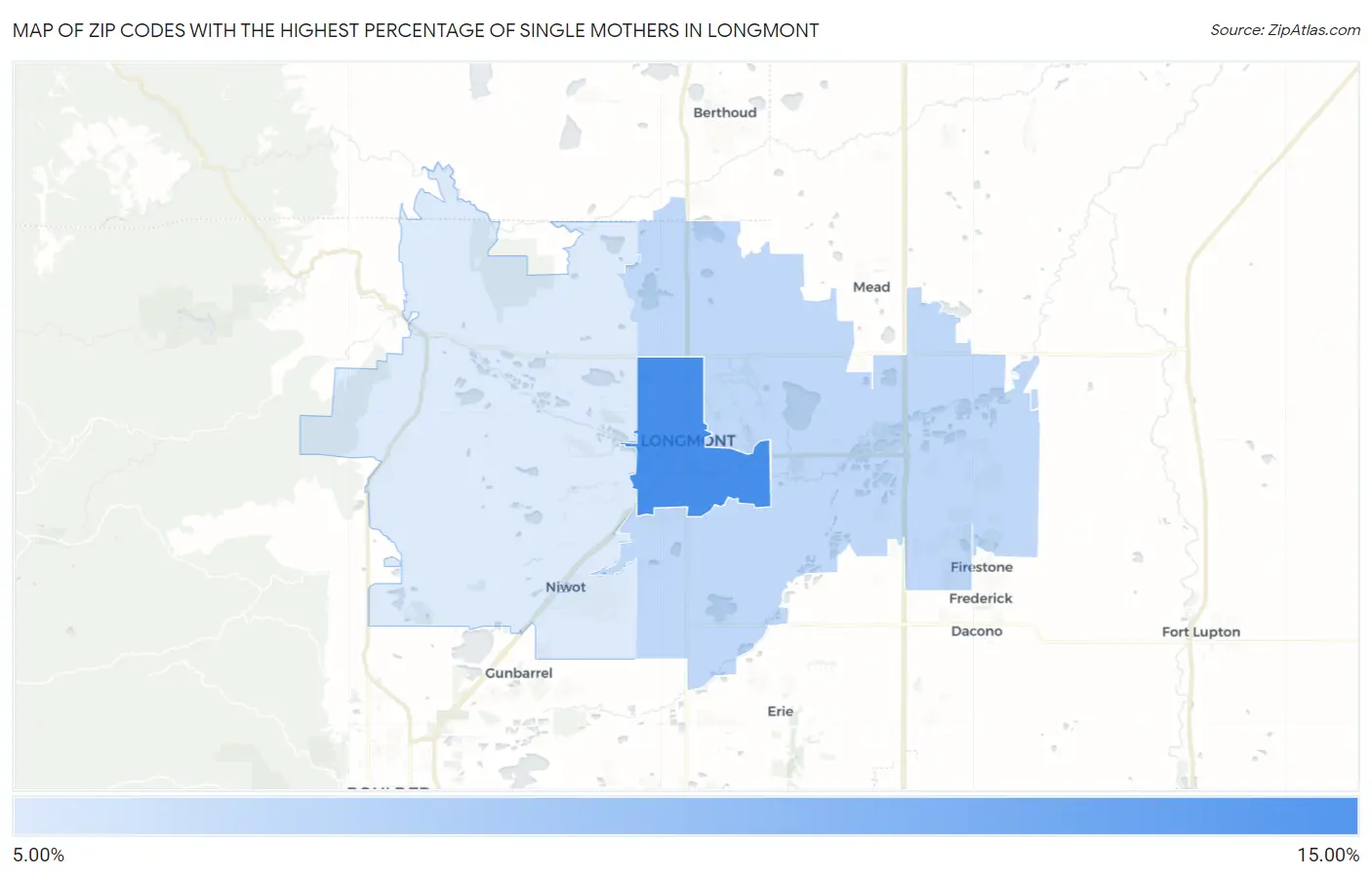 Zip Codes with the Highest Percentage of Single Mothers in Longmont Map