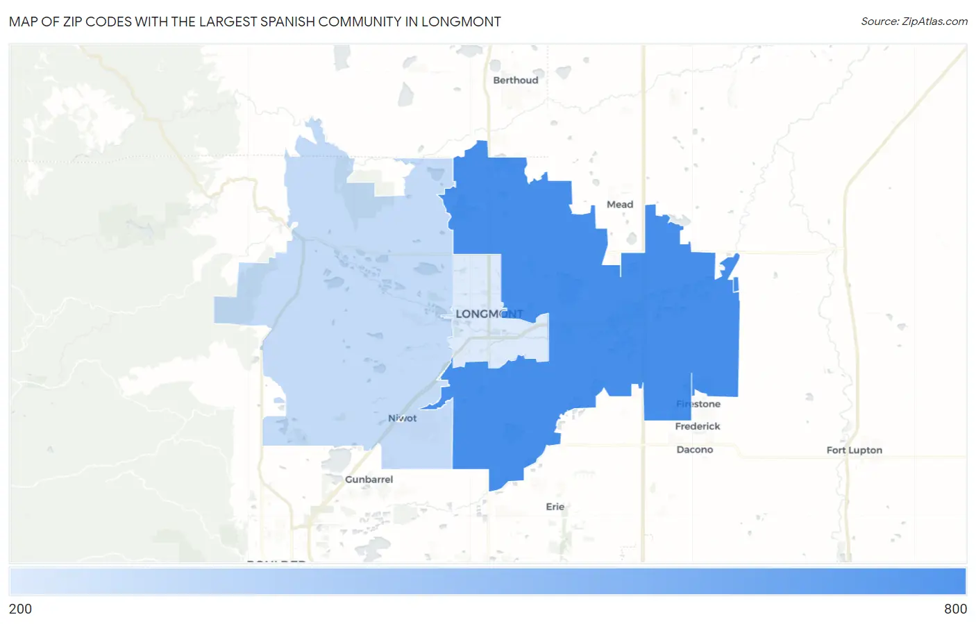 Zip Codes with the Largest Spanish Community in Longmont Map