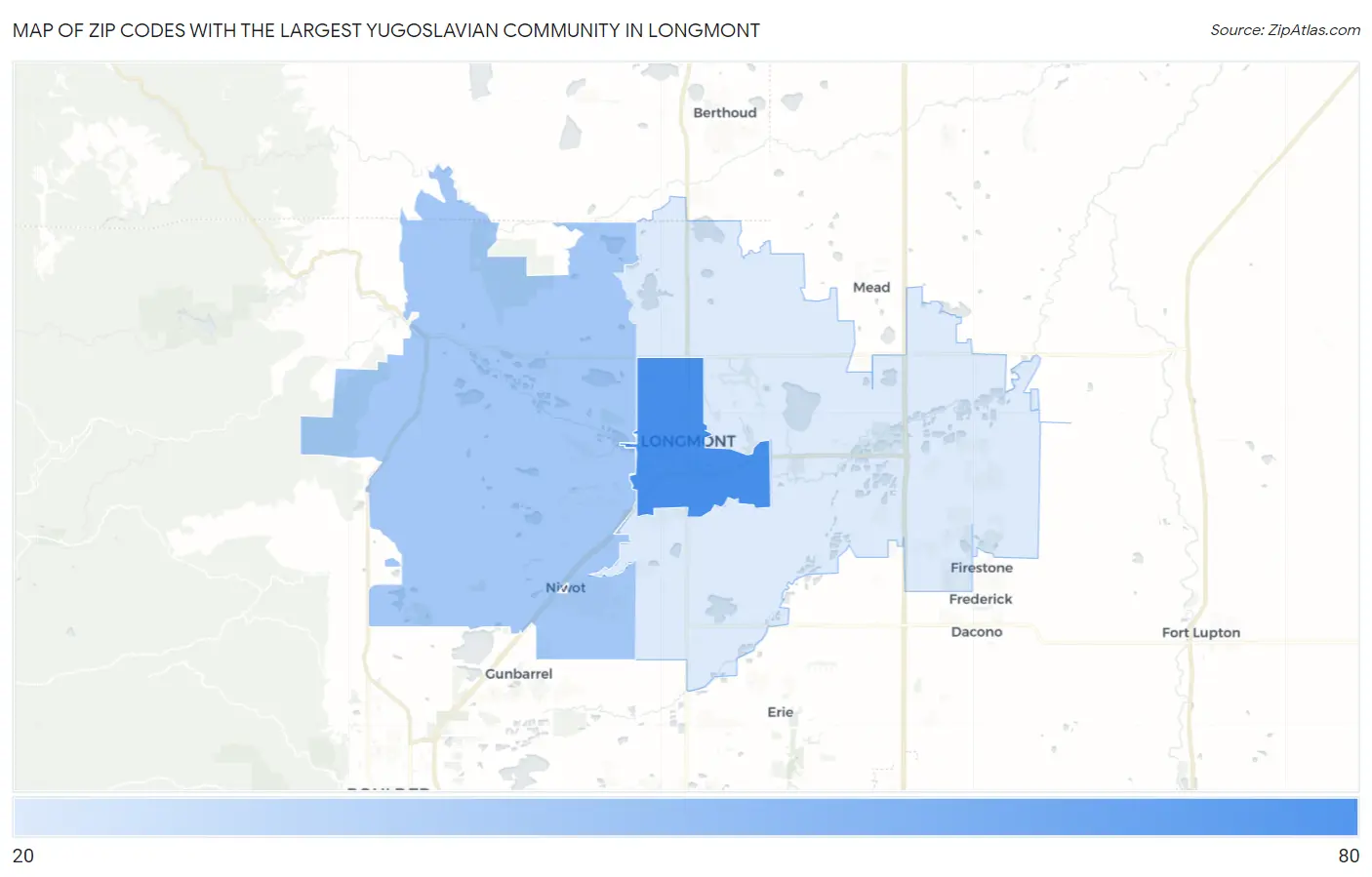 Zip Codes with the Largest Yugoslavian Community in Longmont Map