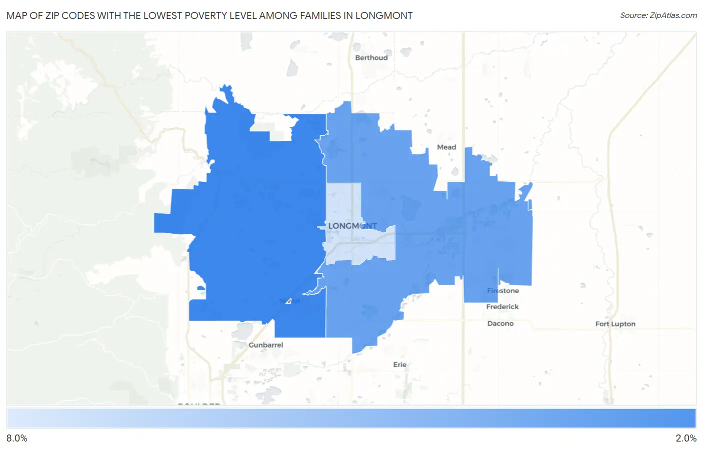 Zip Codes with the Lowest Poverty Level Among Families in Longmont Map